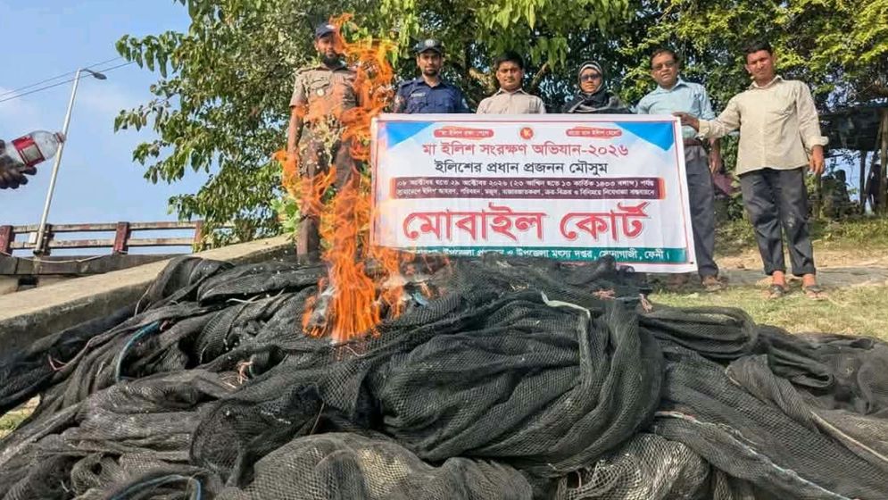 সোনাগাজীতে নিষেধাজ্ঞা অমান্য করায় ৩ হাজার মিটার জাল জব্দ